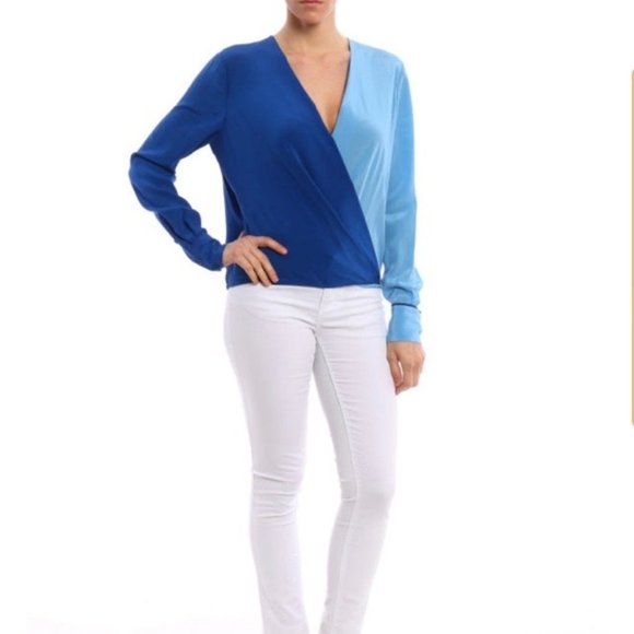 Diane Von Furstenberg Tops - Diane Von Furstenberg Silk Colorblock Long Sleeve Faux Wrap Blouse Sz 4